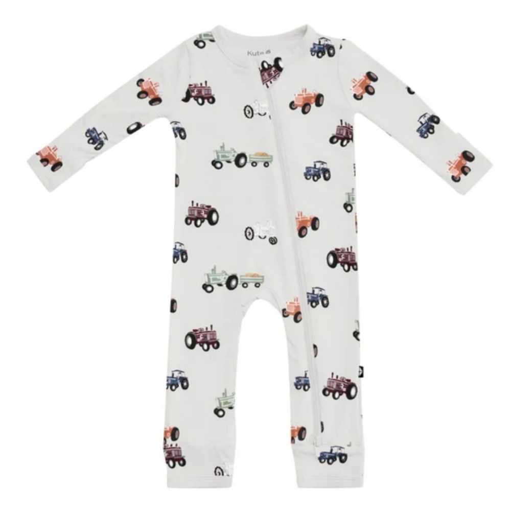 Kyte BABY Kids Footie with Colorful Tractor Print - Cream